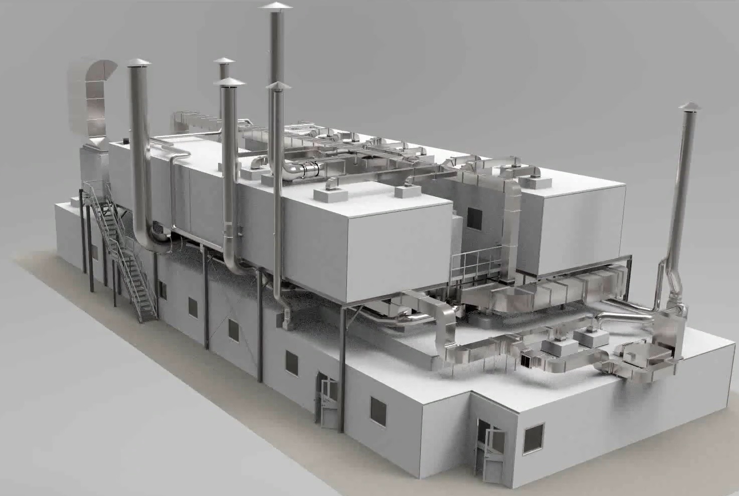 Industrial painting line with air recirculation system. 3D Model of an Industrial Painting Line Equipped with a Recirculation System.