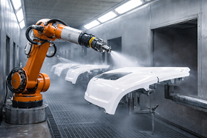 Línea automática de pintura industrial con robot y cabina de aplicación