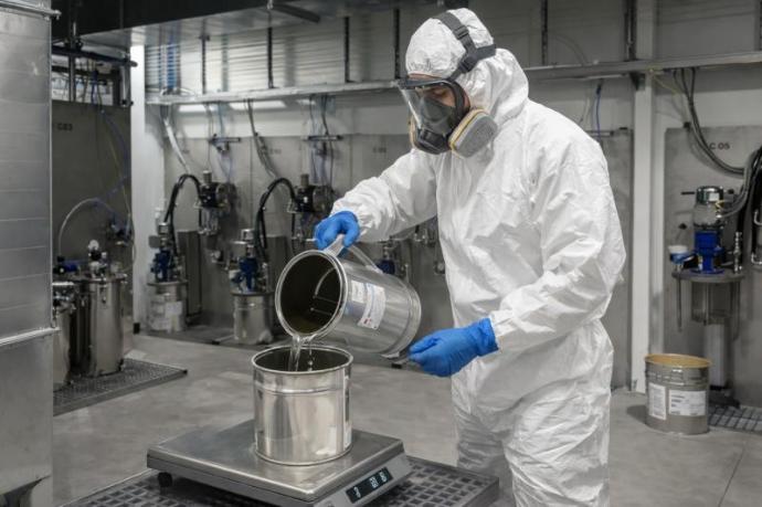 Preparación y acondicionamiento de pintura en sala de mezcla industrial