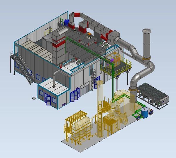 Diseño 3D de una línea de pintura industrial automatizada